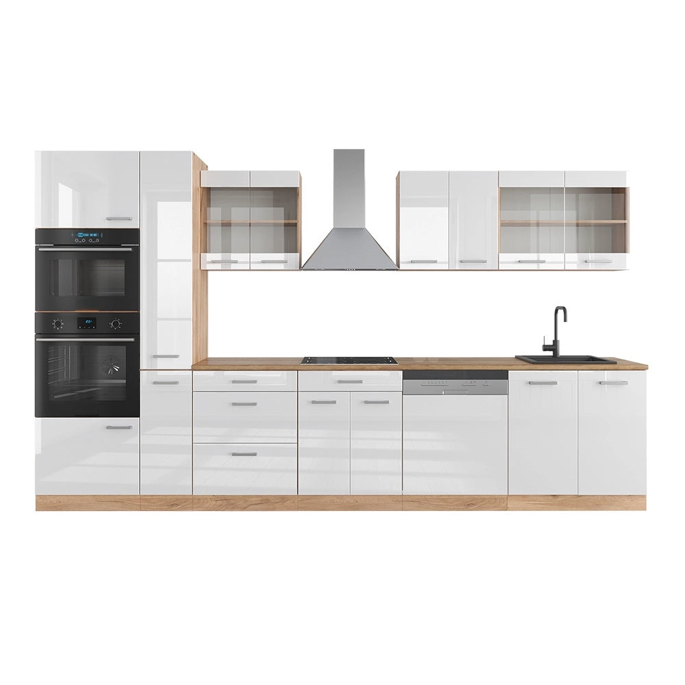 Angolo cottura R-Line Bianco lucido/Rovere dorato 350 cm con armadio alto, PL Rovere Vicco