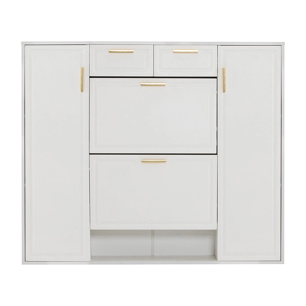 Scarpiere moderno - Xylo - L120/P24/H107 CM - Bianco - Ripiani regolabili, maniglie dorate, 2 cassetti