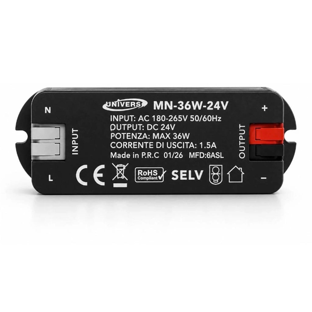 Mini Alimentatore Stabilizzato 24V 36W 1.5A Trasformatore Passivo Ultra Compatto e Slim per Strisce Luci LED IP20