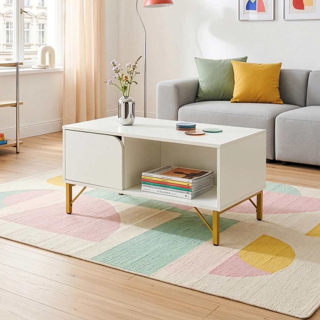 Tavolino Centrale da Salotto Reyri Tavolo Basso con Scomparti e Anta 80x45x42 cm Bianco / color Oro [en.casa]
