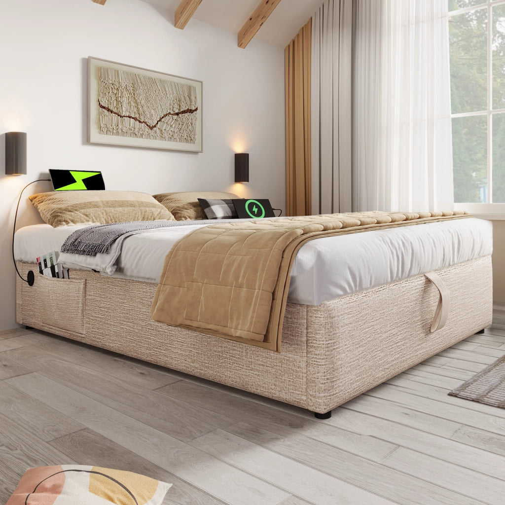 OKWISH Letto contenitore 140×200 cm, Letto Matrimoniale con USB, Tipo C e Vano Contenitore, senza Materasso, in Lino, Beige Naturale