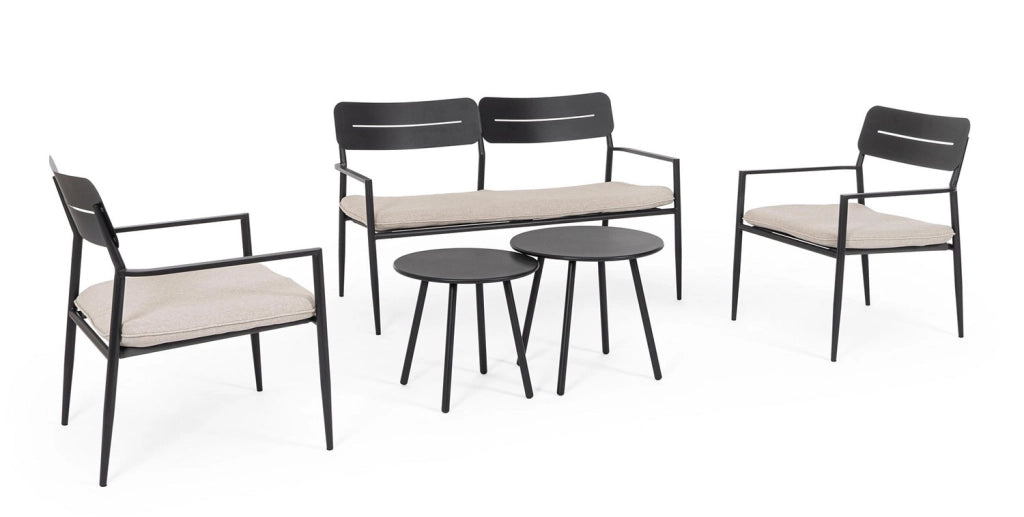 Set 5 Pezzi Salotto da Giardino con Divano 2 Poltrone e 2 Tavolini in Acciaio e Spunpoly Gargano Antracite