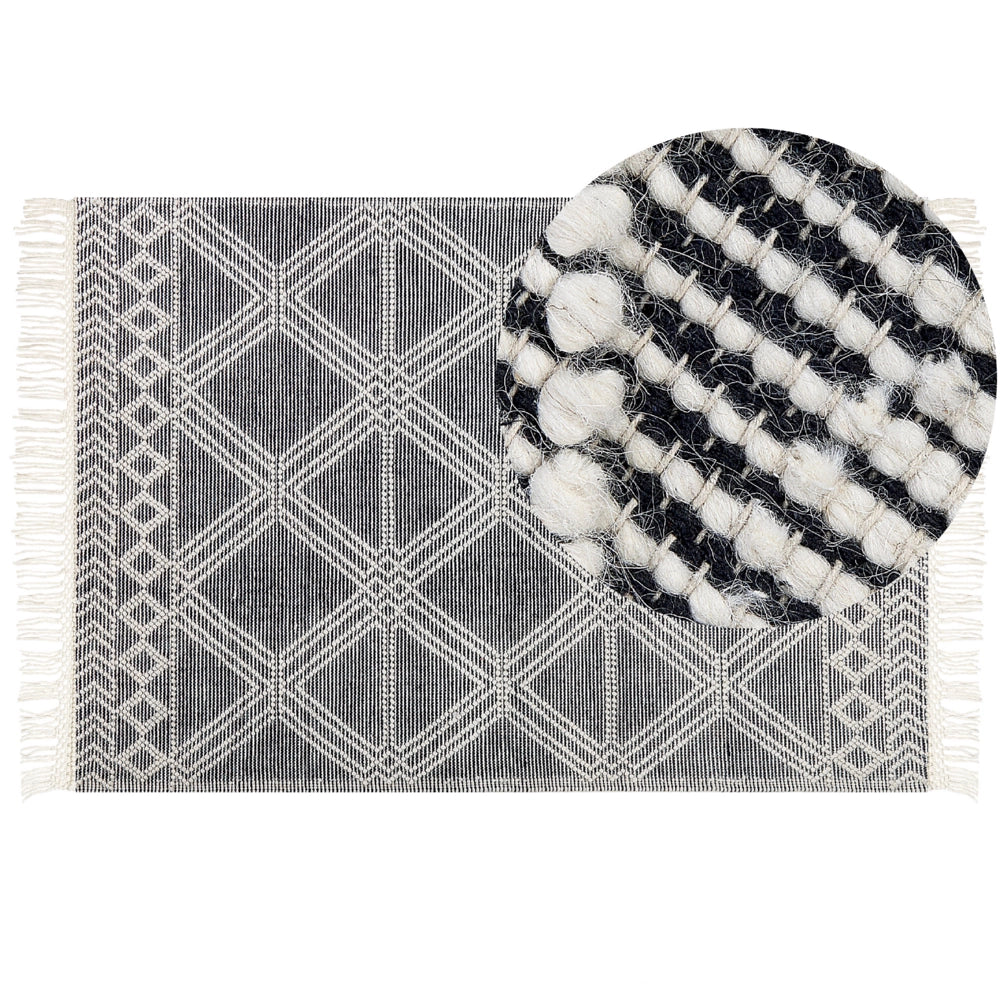 Tappeto grigio e bianco sporco in lana e cotone 160 x 230 cm intrecciato a mano a trama piatta con frange e motivo geometrico