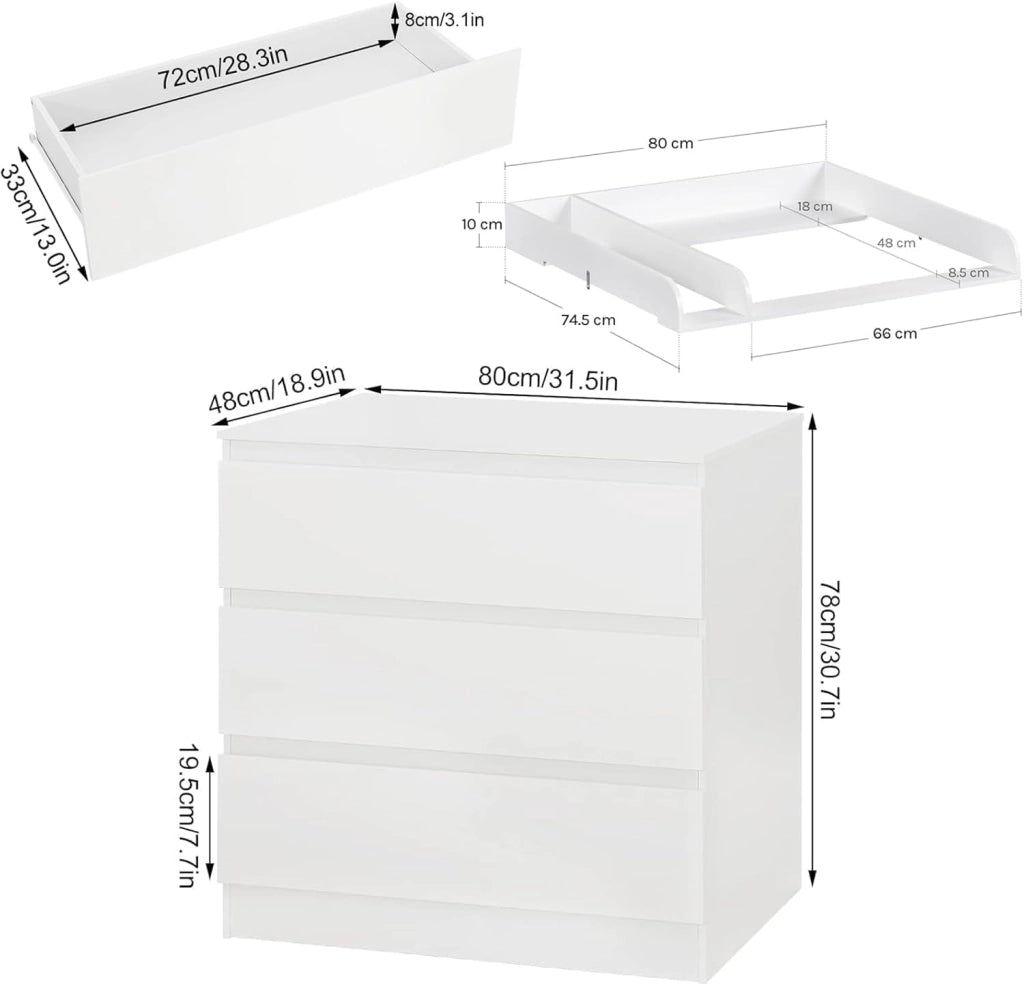Cassettiera con Fasciatoio per Bambini, Cassettiera a 3 Cassetti, Fasciatoio con Divisorio Rimovibile, in MDF, Truciolare e Metallo, Bianco+Bianco Lucido