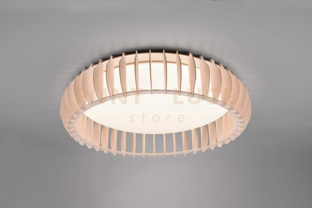 MONTE PLAFONIERA LED  38W 4400lm, 3000 - 6500K CON STRUTTURA LEGNO COLORE NATURALE CON TELECOMANDO MULTIFUNZIONE D.60CM DIMMERABILE