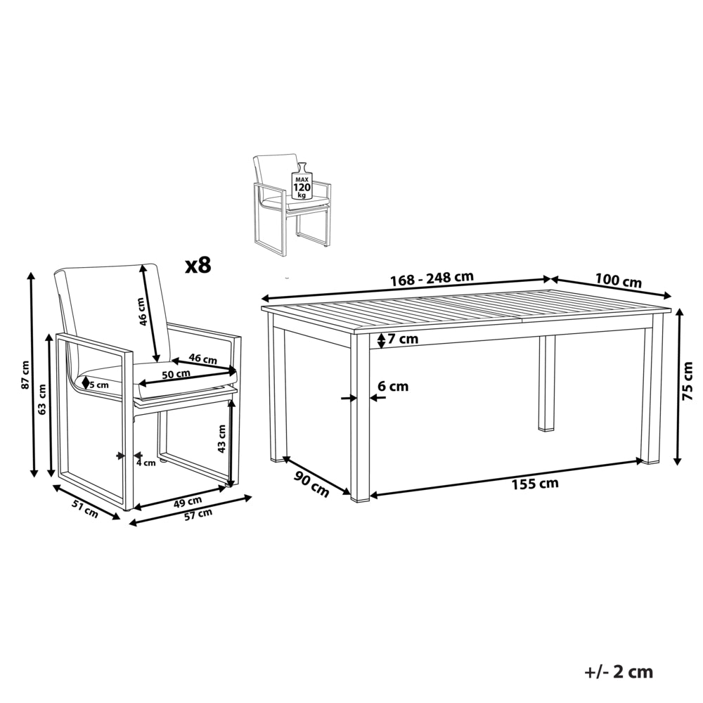Set da pranzo da giardino in 9 pezzi Tavolo allungabile in alluminio bianco e 8 sedie con cuscini grigi