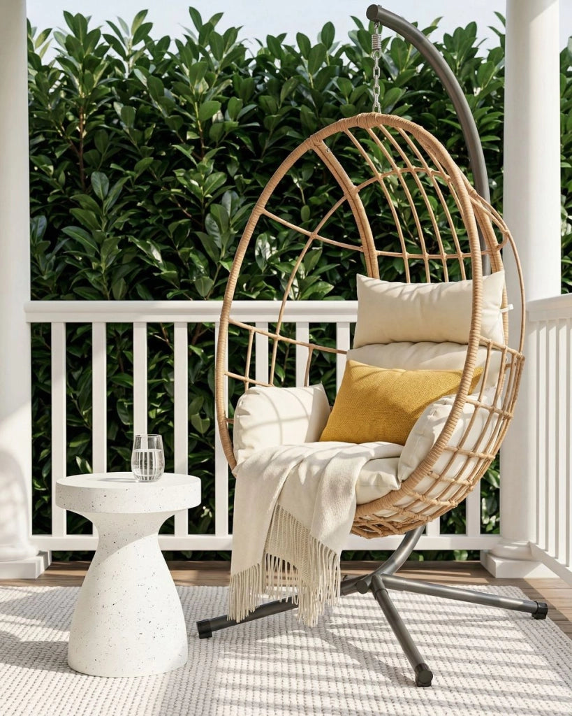 Poltrona a dondolo a uovo in rattan PE naturale con struttura in metallo e morbido cuscino di seduta Stile boho-rustico