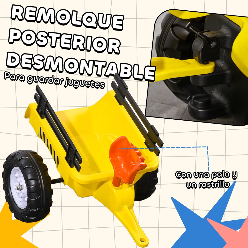 Trattore a Pedali per Bambini 3+ Anni con Rimorchio e 2 Attrezzi ¨C Zephmum ¨C Giallo 133x42x51 cm