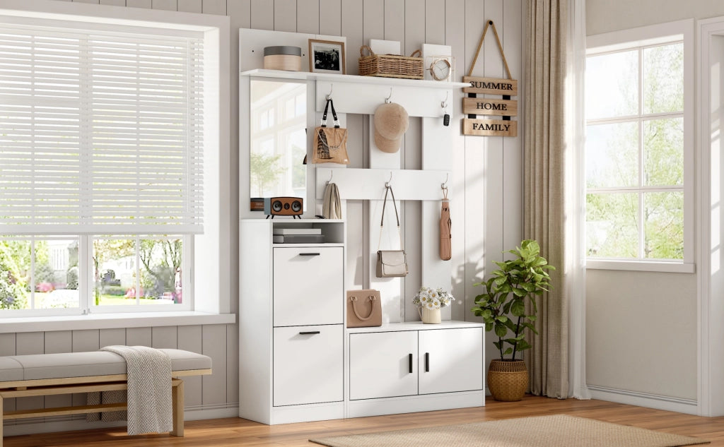 Mobili da ingresso con scarpiera ribaltabile, specchio e 6 ganci, vani aperti, in MDF, bianco, 120 × 30 × 180 cm