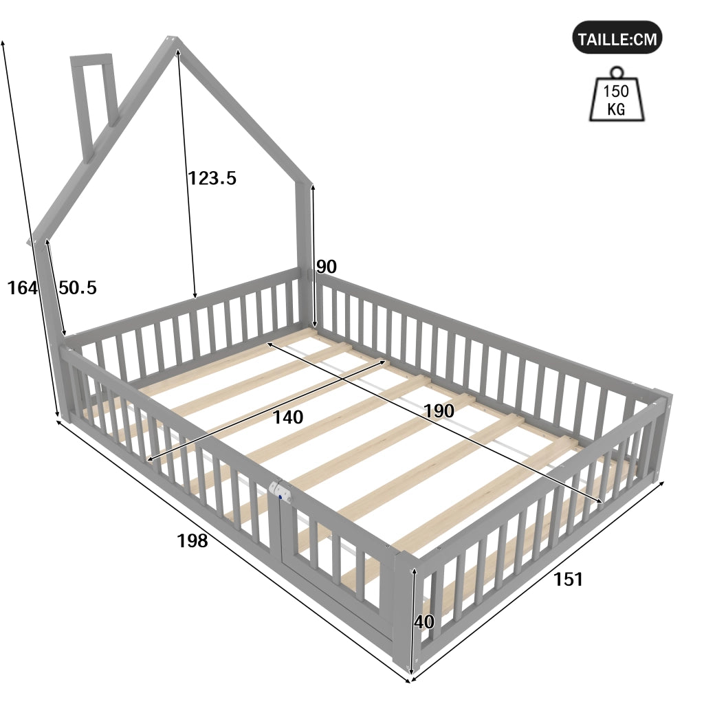 Letto Casetta 140 × 190 cm; 2 Posti con Sponda di Sicurezza e Forma Camino; senza Materasso; Grigio
