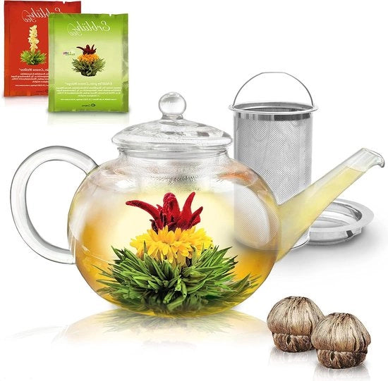 Teiera 40oz (1200ml) con uovo di tè rimovibile in acciaio inossidabile e 2 set di tè in fiore - Giftset - Teiera con acqua di tè in vetro