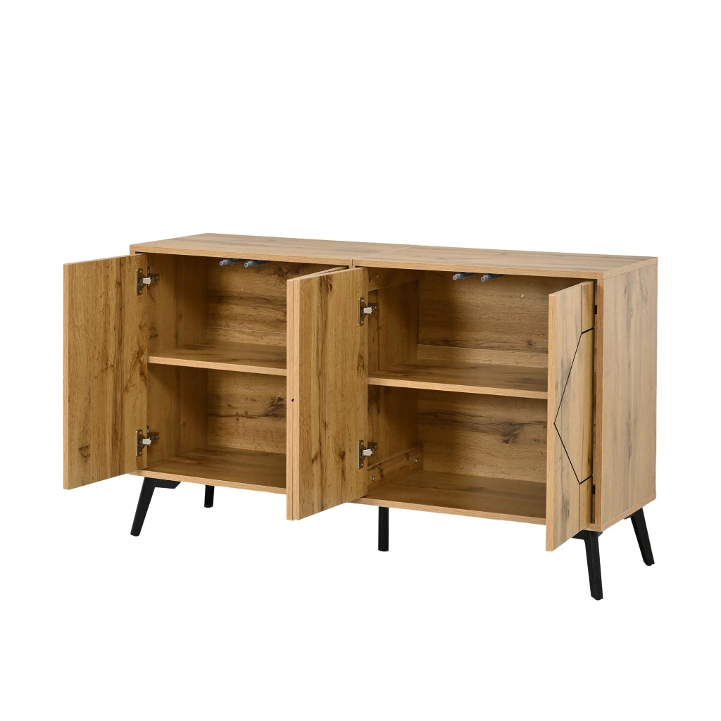 Credenza moderna 120x35x69 cm con 4 ante, 4 scomparti interni, struttura in MDF e gambe in metallo, finitura effetto legno naturale