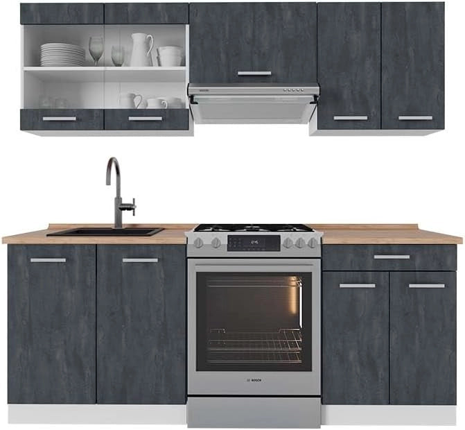 Cucina componibile R-Line, Antracite lucido/bianco, 200 cm PL Marmo, adatto per l'espansione individuale con moduli aggiuntivi