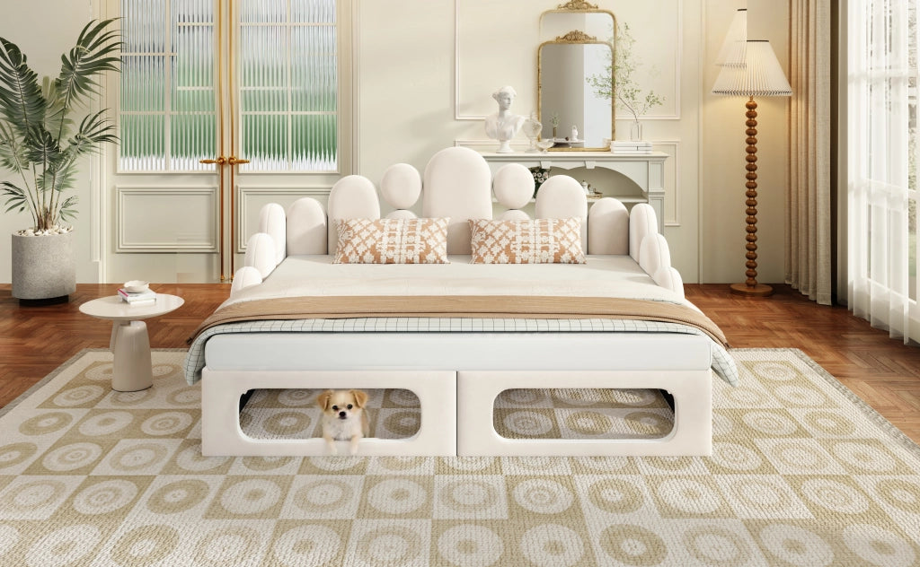 Letto a Divanetto Letto Matrimoniale 180 x 200 cm; con Cuccia Integrata; in Velluto; Beige