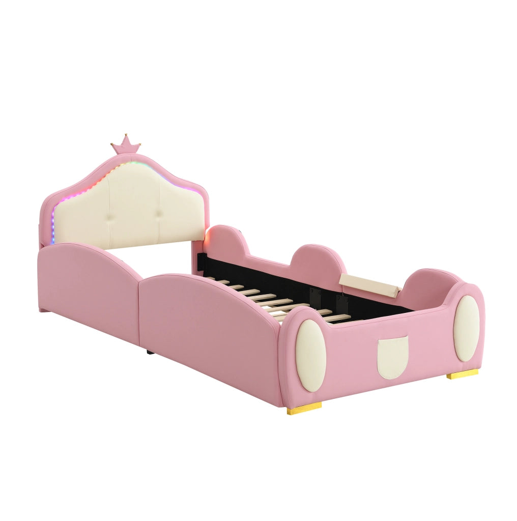 Letto imbottito per bambini ULEVR 90x200 cm con LED multicolore, scivolo e scaletta, PU rosa e beige