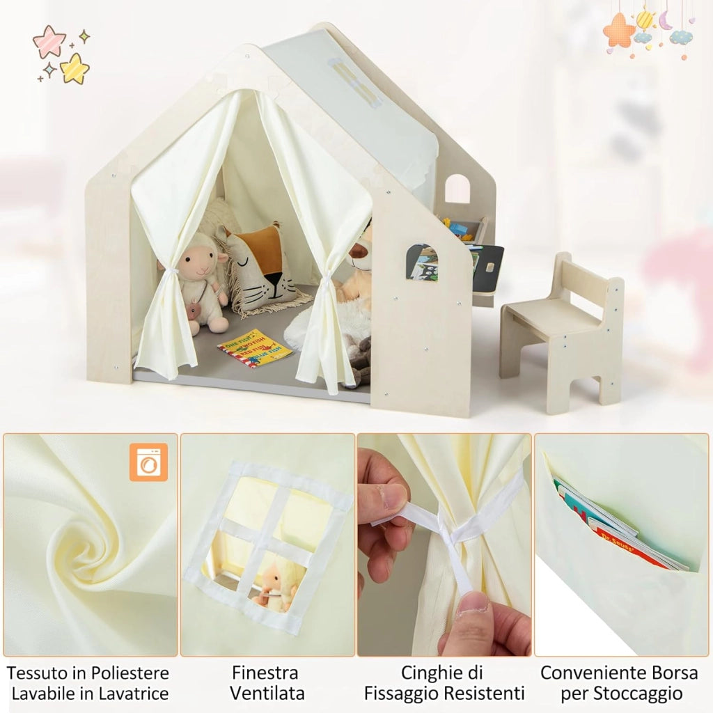 6 in 1 Tenda per Bambini in Legno, Tenda Casetta da Gioco con Tavolo e Sedia, con Tappetino Lavagna e 6 Scatole Portaghiochi, Capanna per Bambini (Grigio 98 x 131 x 113 cm)