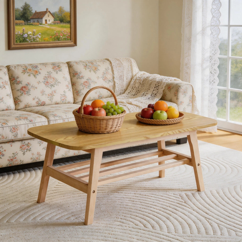 Tavolino basso con 2 ripiani contenitore e base in legno massiccio per soggiorno stile moderno 110 × 58 × 19 cm
