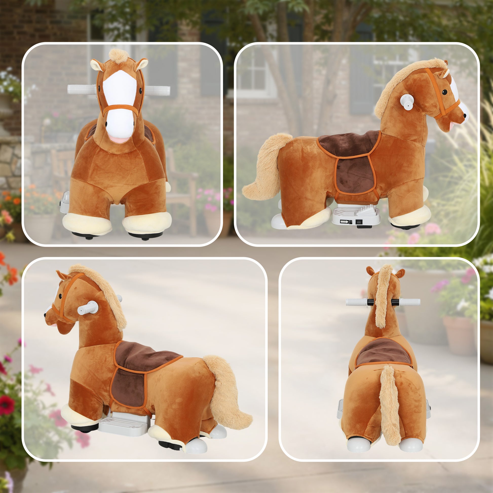 Cavallo Elettrico per Bambini 74x34x51 cm con Pedali Rotelle e Suoni in Peluche e Metallo Marrone