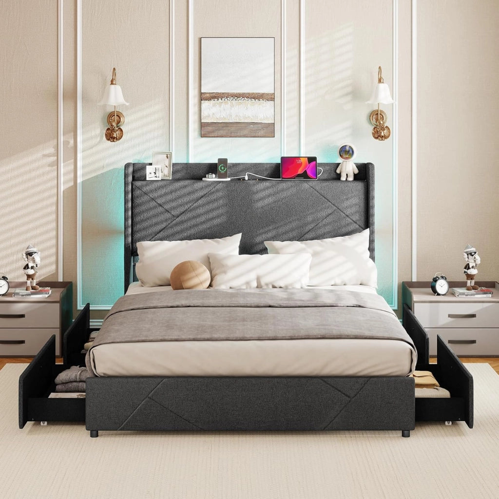 Telaio letto 140 x 200 cm con illuminazione a LED, letto matrimoniale con presa e stazione di ricarica, telaio imbottito con rete a doghe, letto imbottito con 4 cassetti pieghevoli e 2 tasche