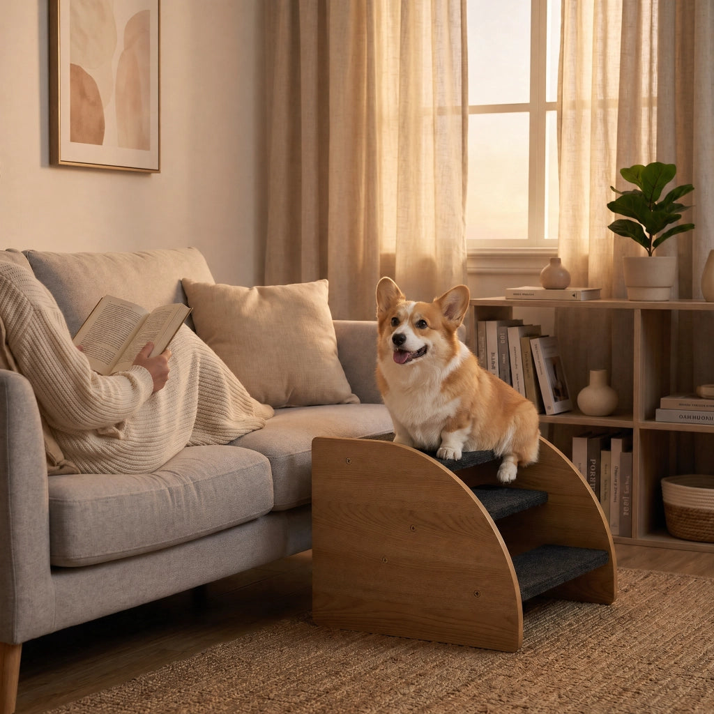 Scaletta per animali domestici a gradini bassi con superficie antiscivolo per letto e divano in poliestere grigio