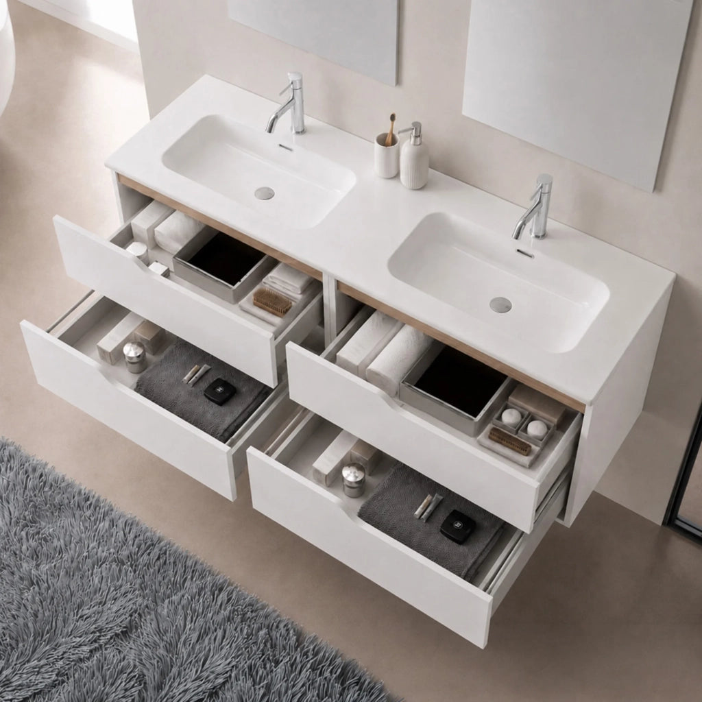 Mobile bagno sospeso 120 cm bianco e quercia due cassetti e doppia vasca Sumya