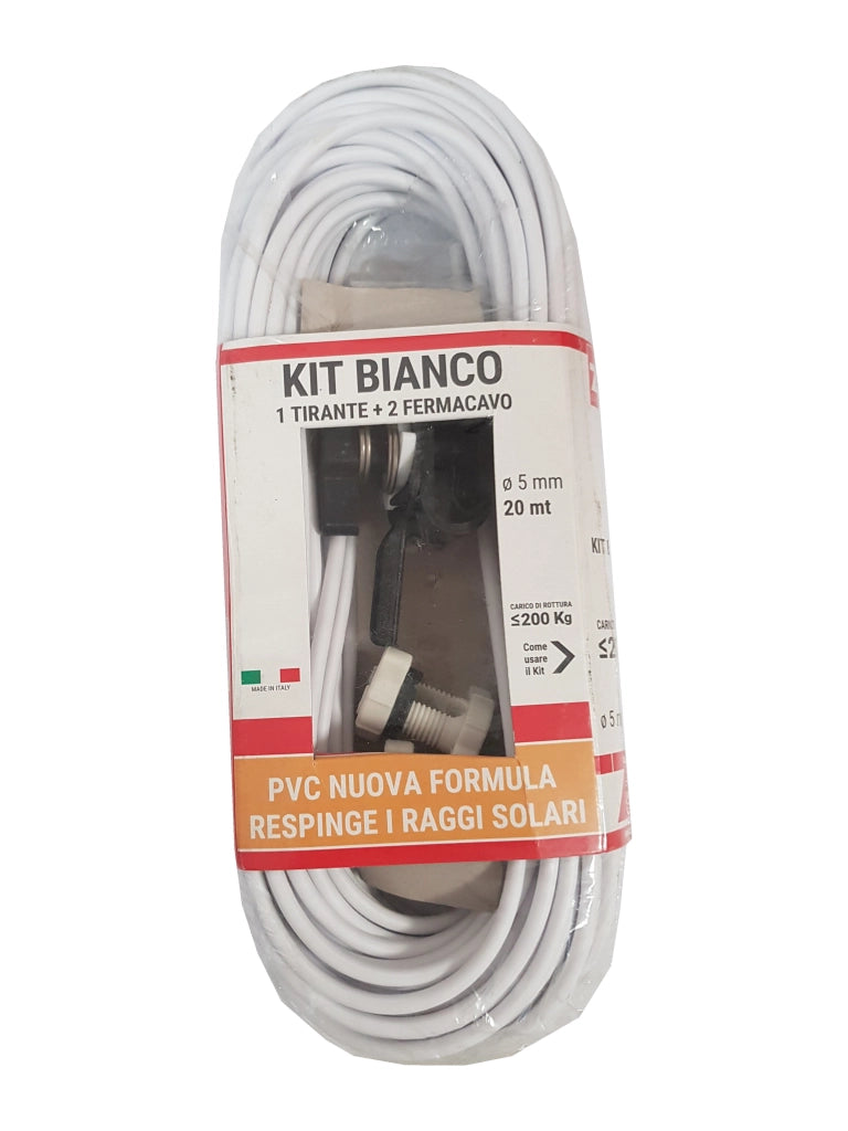KIT CAVETTO STENDIBIANCHERIA BIANCONE MATASSA Ø 5 mm - 20 mt - 1 tirante + 2 fermacavi