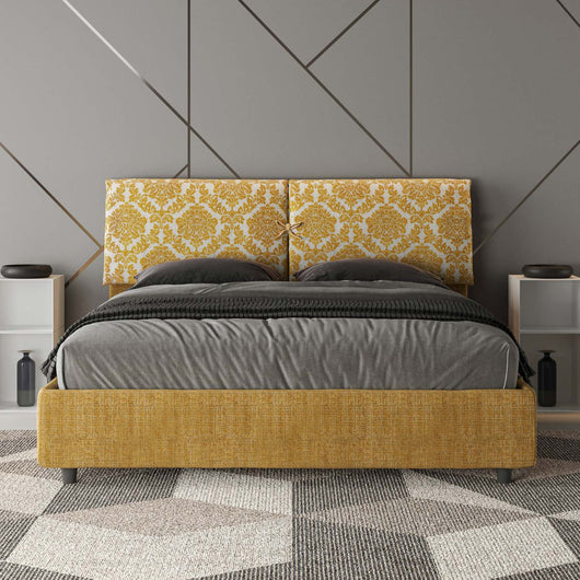 Letto Matrimoniale 160x210 cm con Rete e Contenitore con Testata e Alzata Comoda Imbottito in Tessuto Agata Mados Giallo