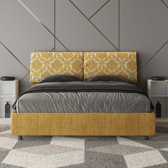 Letto Matrimoniale 160x210 cm con Rete e Contenitore con Testata e Alzata Comoda Imbottito in Tessuto Agata Mados Giallo