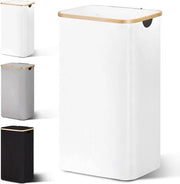 Wastino con coperchio - 85 litri di capacità - design compatto - set di asciugamano incluso - modello pieghevole - finitura in bambù legno - contenitore per il bucato alto in bianco