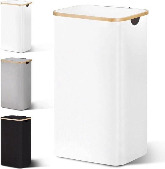 Wastino con coperchio - 85 litri di capacità - design compatto - set di asciugamano incluso - modello pieghevole - finitura in bambù legno - contenitore per il bucato alto in bianco