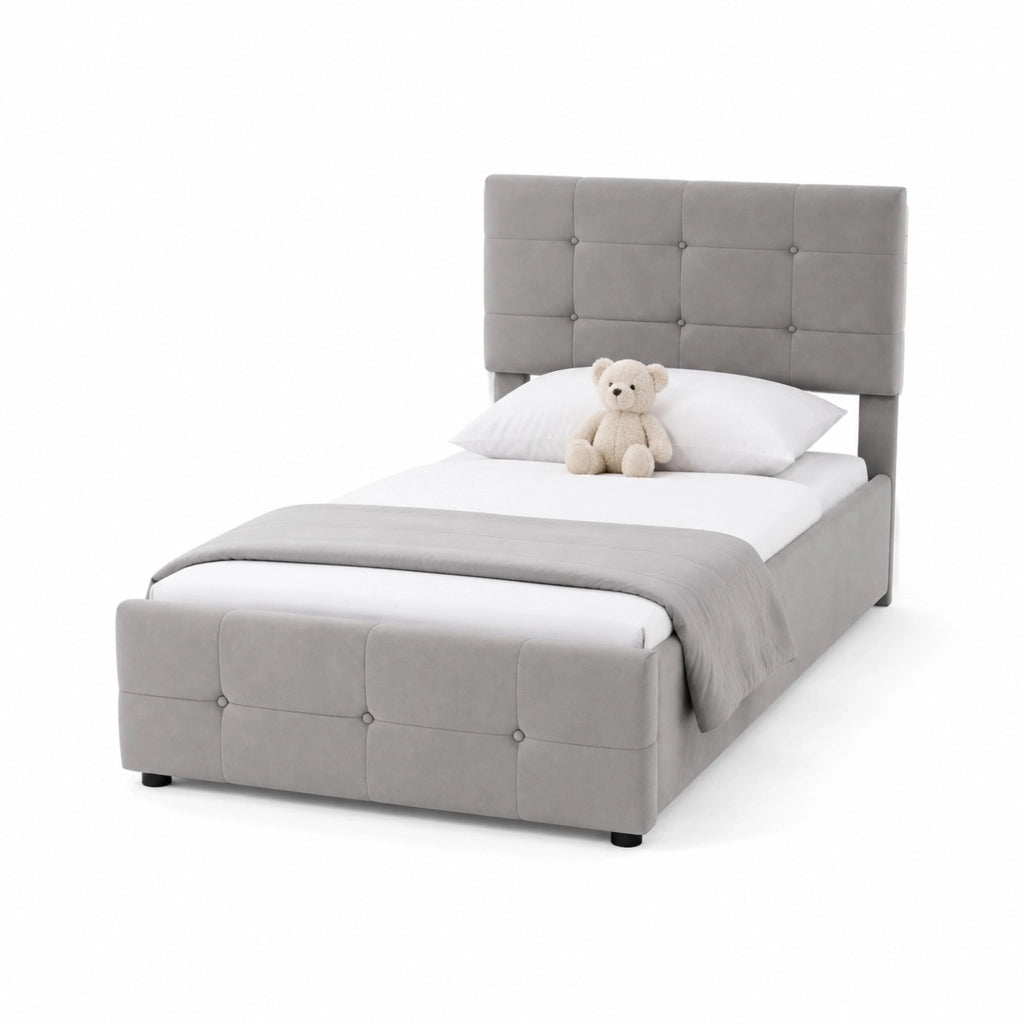 Letto imbottito per bambini 90x200 cm con contenitore idraulico; testiera regolabile; velluto grigio