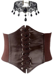Corseto Donna Nero - Corsetto con Cinturino - Collare Catena - Costume da Pirata Medievale - Pelle Sintetica Duratura - Adattabile alla Misura