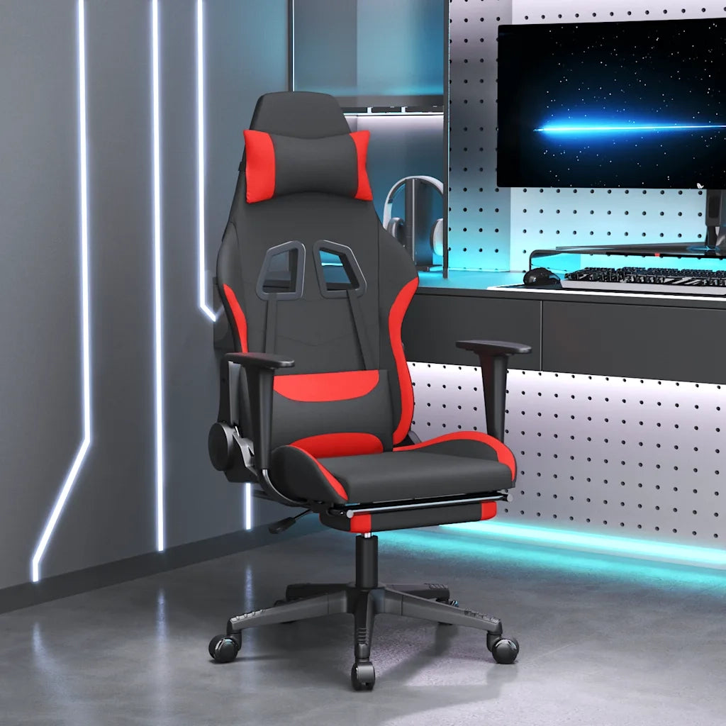 Sedia da Gaming Massaggio e Poggiapiedi Tessuto Nero e Rosso 345509