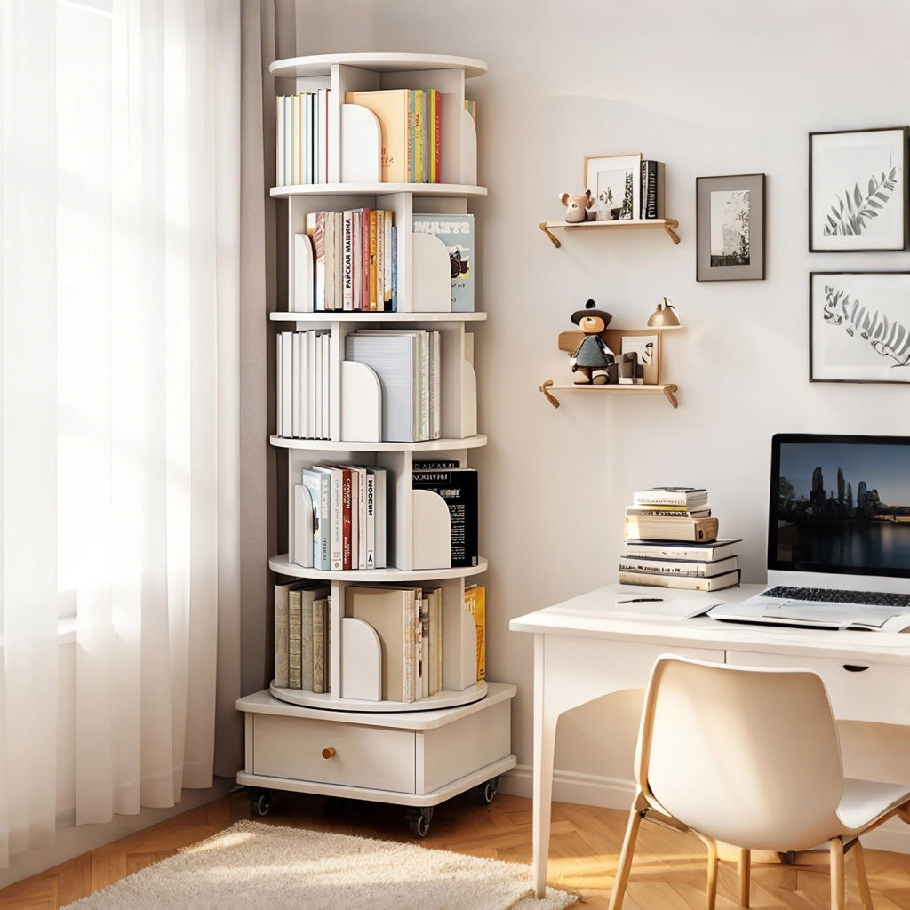 LIBRERIA Girevole 360° con cassetto e ruote Bianca in MDF