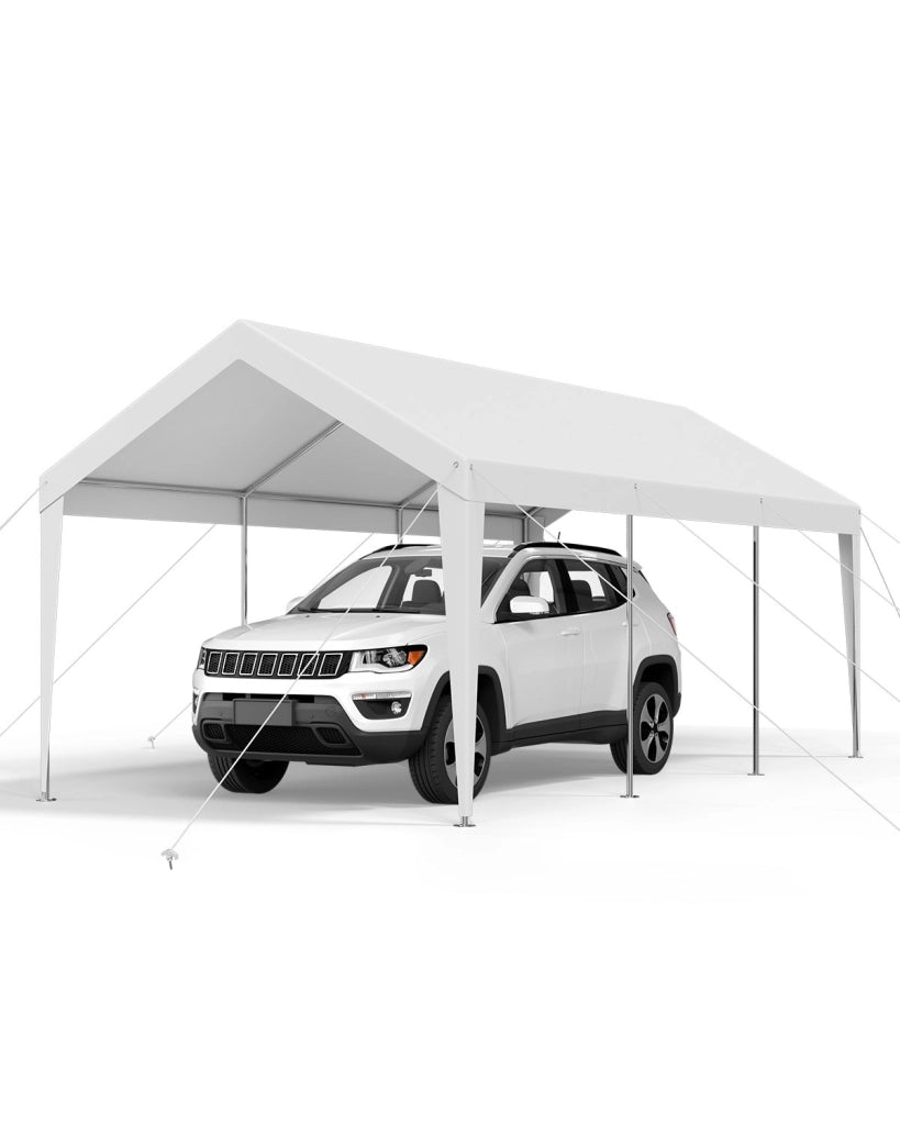 Riparo per auto da esterno 3,05 x 6,09 x 2,87 m, tettoia in acciaio zincato e PE bianco resistente, per giardino e veicoli