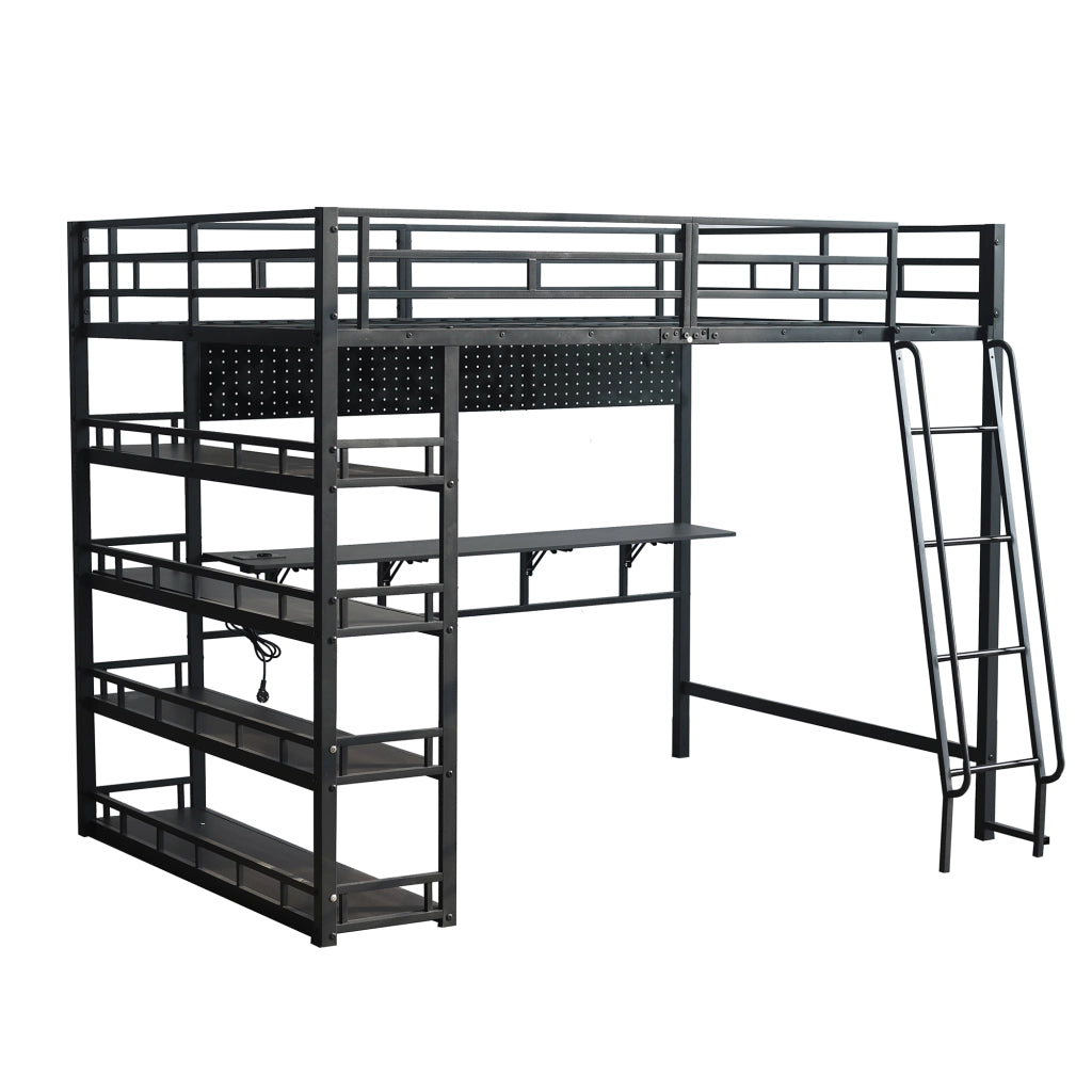 OKWISH Letto a soppalco 140×200 cm, Letto Matrimoniale con Mensole, Porta di Ricarica e Scala Inclinata, senza Materasso, Nero