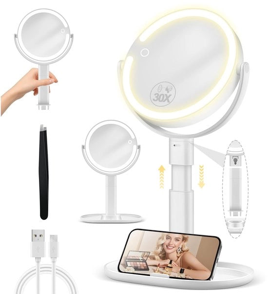 Specchio cosmetico con illuminazione, trucco con illuminazione, regolabile in altezza, specchio ingrandente con luce 30x, doppio 360° rotativo, specchio rotondo a 3 colori con luce bianca