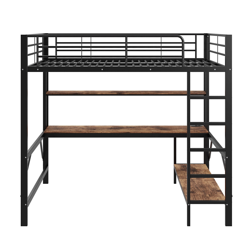 Letto a soppalco 140x200 cm; con scrivania e mensola; metallo; nero (Senza materasso)