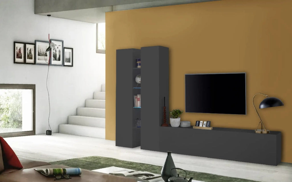 Parete attrezzata TV soggiorno moderno 2 armadi 4 mensole grigia Sage RT