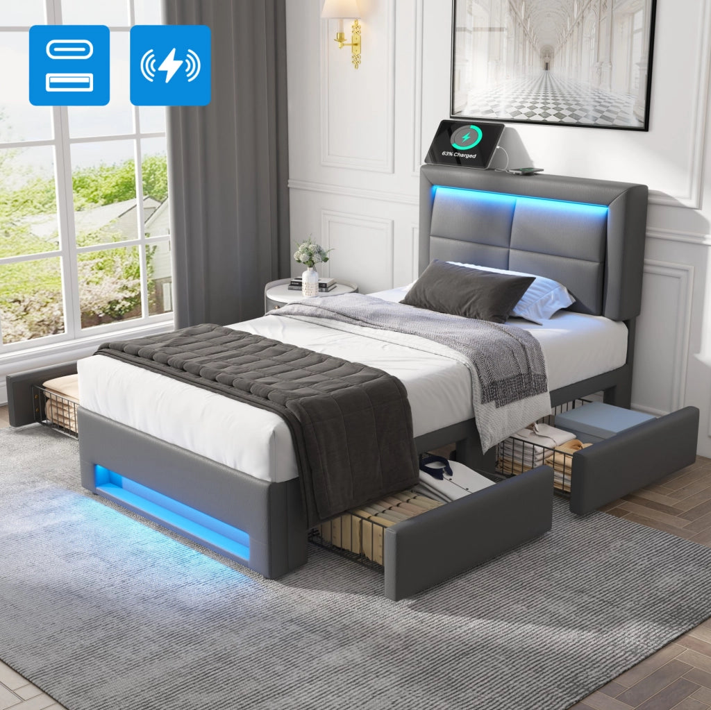 Letto imbottito grigio 90 x 190 cm con LED, USB e 4 cassetti