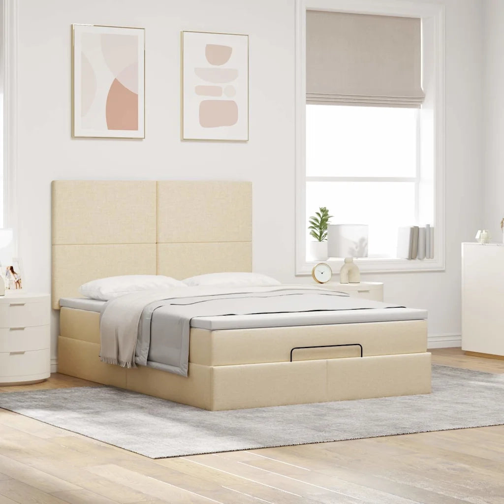 Struttura Letto Pouf con Materasso Crema 140x190 cm in Tessuto 3313925