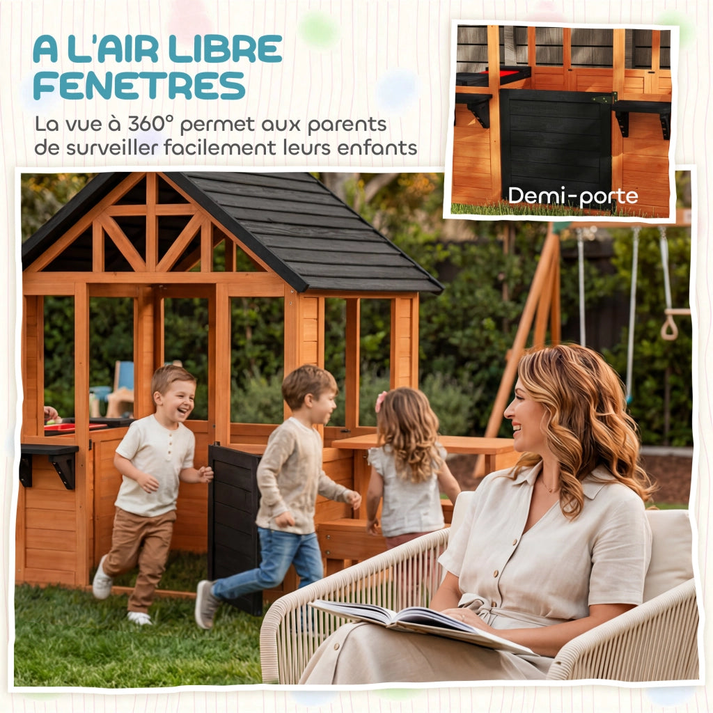 Casetta per bambini in legno con tavolo, panche e fioriere ¨C zephmum ¨C marrone