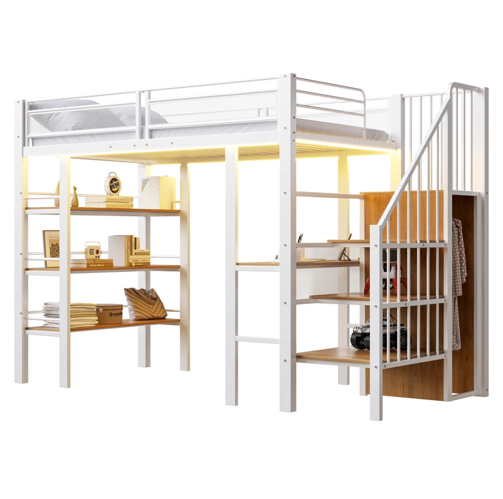Letto a soppalco 90x200 cm in metallo bianco con scrivania; LED; mensole e armadio