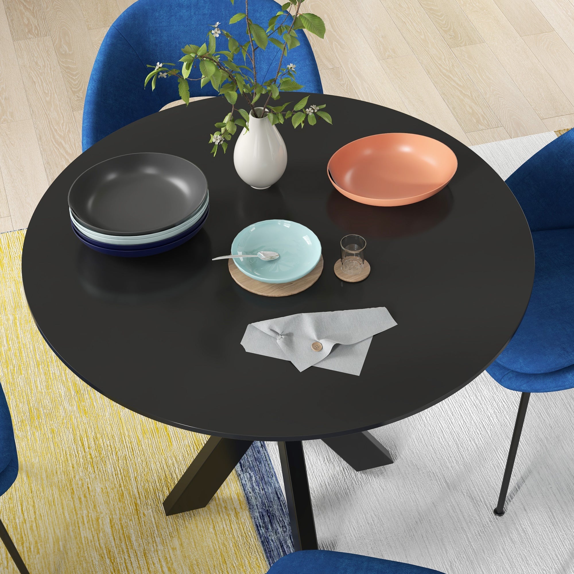 Tavolo da Pranzo Moderno Rotondo per 4 Persone Ø100x75 cm in Acciaio e MDF Nero