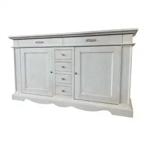 Credenzone madia Alberta in legno 2 ante e 6 cassetti bianco anticato con rilievo