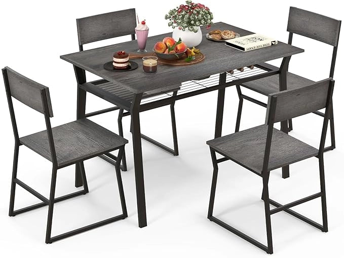 Set da Tavolo e Sedie da Pranzo, Tavolo da Pranzo con 4 Sedie Industriale, Set 5 Pezzi Mobili con Mensola Portaoggetti e Telaio in Metallo, per Cucina Sala da Pranzo, 110 x 70 cm (Grigio)
