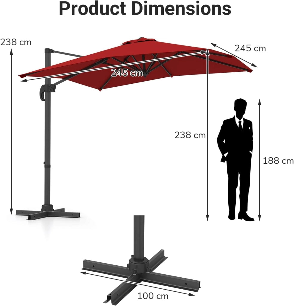 Ombrellone da Giardino 250 x 250 cm Decentrato, Ombrellone da Balcone Inclinabile con Base a Croce, Manovella, Rotazione a 360°, per Arredo Esterno, Cortile e Terrazzo