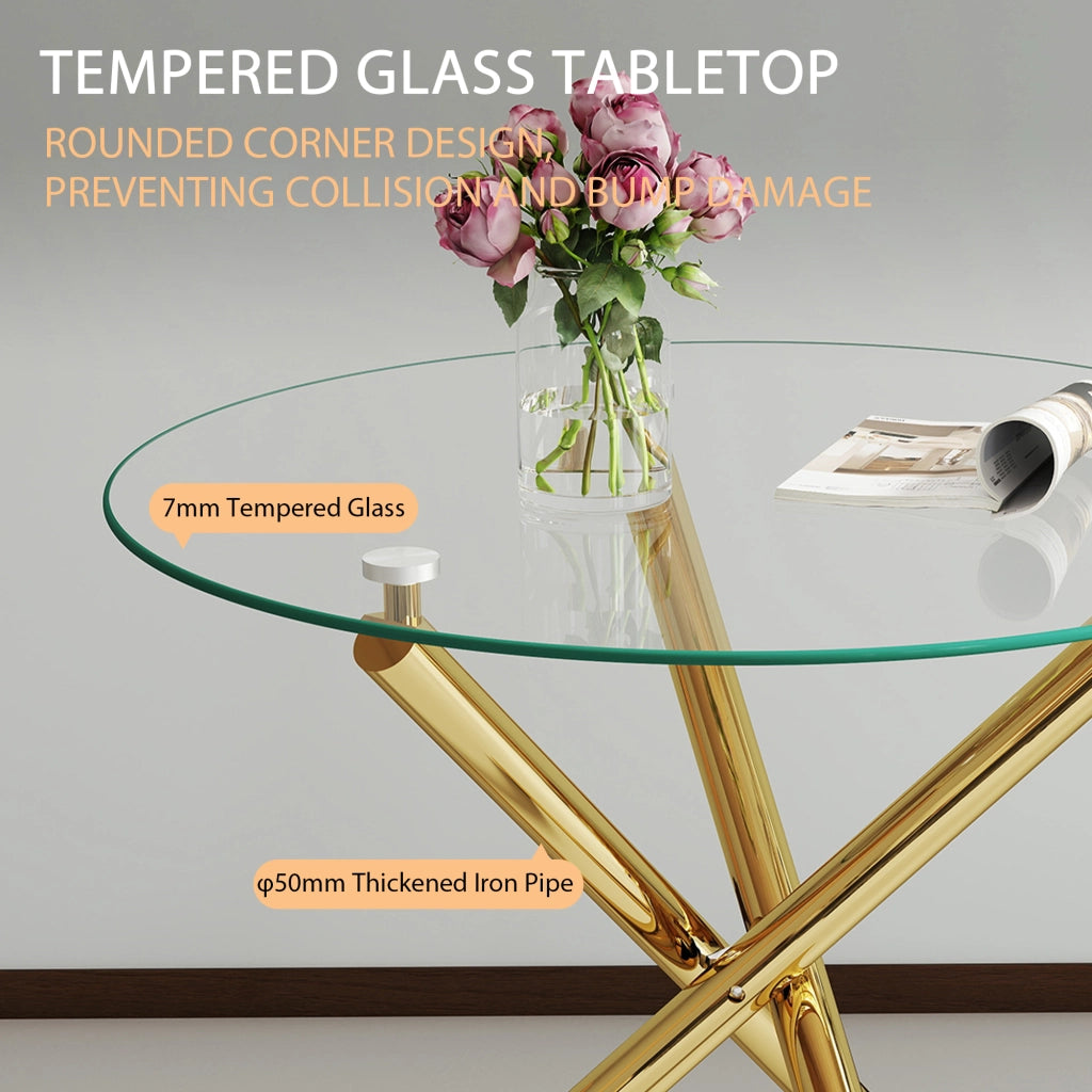 Tavolo da pranzo rotondo con piano in vetro temperato e gambe in metallo oro per 2-4 persone 80 × 80 × 76 cm