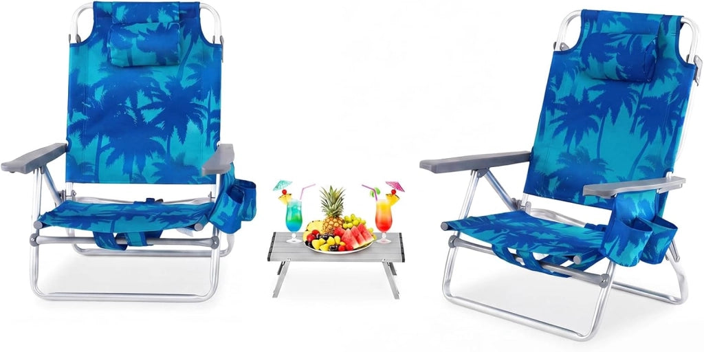 Set di 2 Sedie e Tavolino da Spiaggia Pieghevole, Schienale Regolabile a 5 Livelli, con Portatesta, Borsa Portaoggetti, Borsa Termica, per Campeggio Picnic Esterno (Albero, Modello 2)