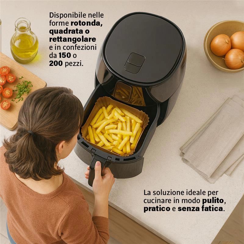 PERFECT HOUSE CARTA DA FORNO PER FRIGGITRICE ARIA IMPERMEABILE, ANTIADERENTE, CON CONFEZIONE RICHIUDIBILE 50 PZ 16X16X4,5 CM